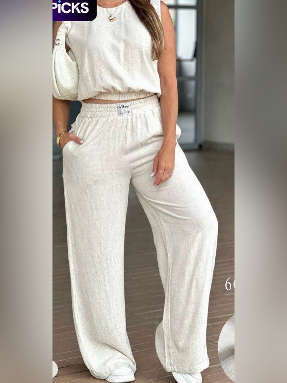 Women's Cream Wide-Leg Lounge Pants - Elastic Waist With Top